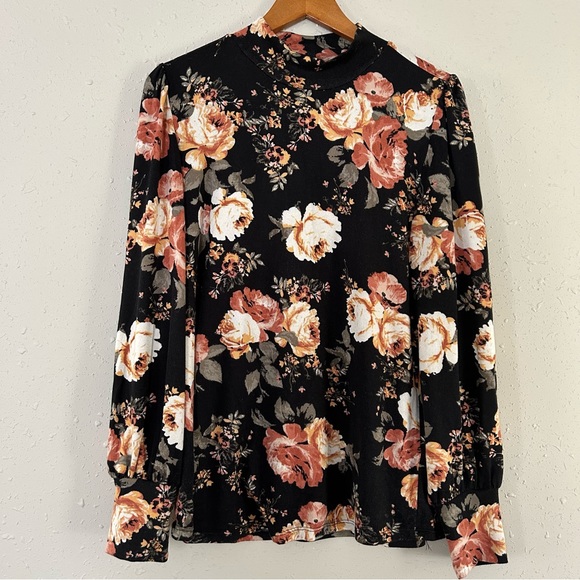 Maurices Sweaters - Maurices Black Orange Floral Mockneck Blouse Soft Fall Large Lightweight Sweater
